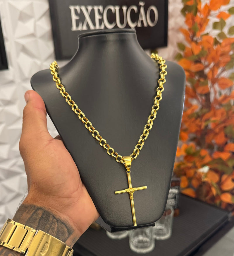 Conjunto - Elo Português 6MM + Pingente Cruz com fio enrolado.