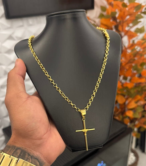 Conjunto - Elo Português 4mm + Pingente Cruz com fio enrolado.